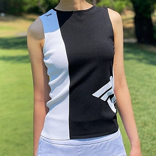 P*G 우먼 라운드 풀오버 빅 로고 니트 썸머 베스트