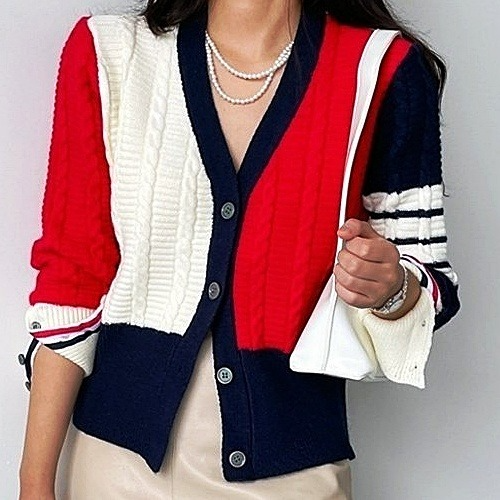 톰브*운 카르마 배색 꽈배기 가디건