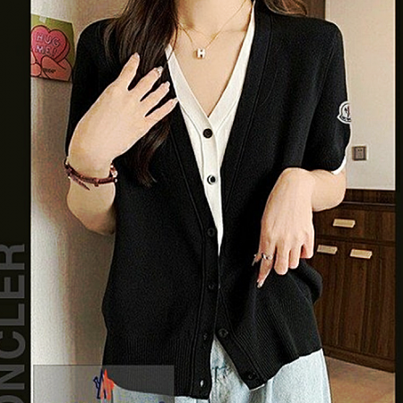 몽클*어 배색 레이어드 반팔 니트 가디건