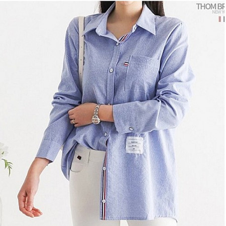 THOM BROWNE 스트라이프 코튼 롱 셔츠