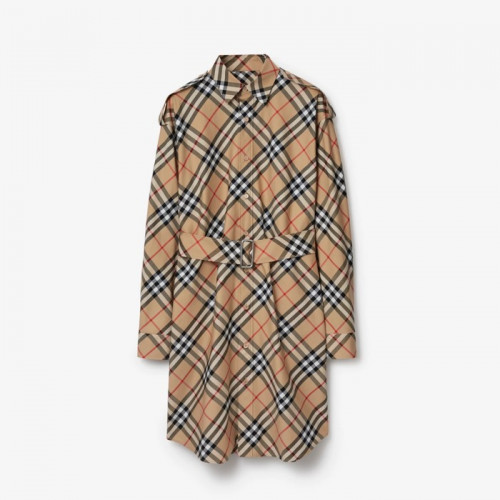 BURBERRY 체크 코튼 셔츠 드레스 - 샌드
