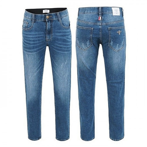 THOM BROWNE 진청 스크래치 워싱 슬림팬츠