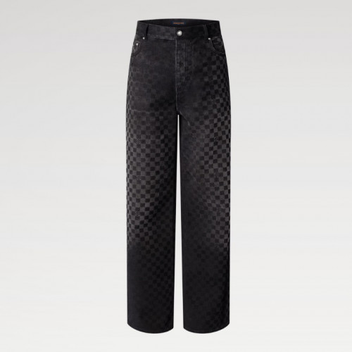 LOUIS VUITTON 플록드 다미에 데님 와이드 레그 팬츠