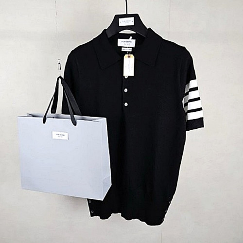 THOM BROWNE 사선완장 카라 반팔니트 - 블랙