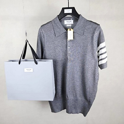 THOM BROWNE 사선완장 카라 반팔니트 - 그레이