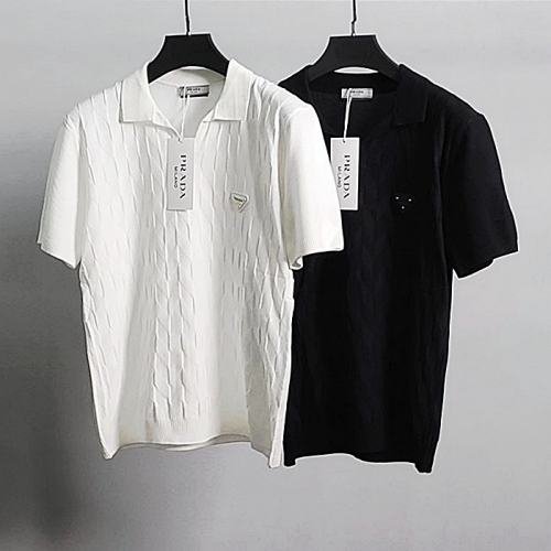 PRADA 로고와펜 패턴 반팔 카라 니트