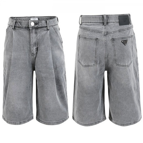 PRADA 그레이 핀턱 히든밴드 6부 버뮤다 팬츠