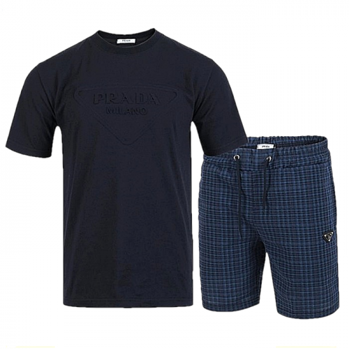 PRADA 로고 엠보 체크 하프 셋업 SET