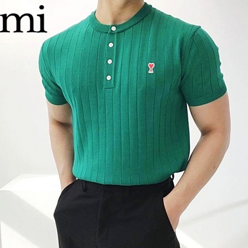 AMI 스몰하트 머슬핏 헨리넥 버튼니트