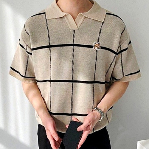 MAISON KITSUNE 폭스헤드 빅체크 반팔 카라 니트