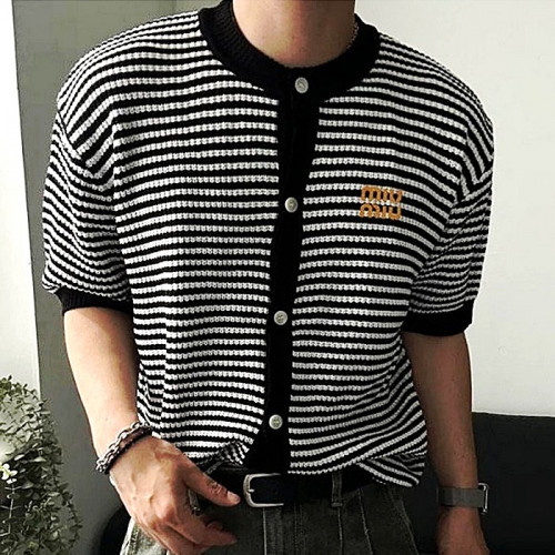 MIUMIU 라운드 스트라이프 반팔가디건