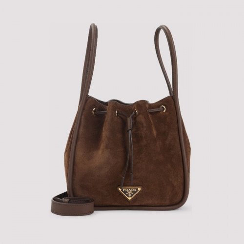 프라다 브라운 스웨이드 드로우스트링 숄더 백
