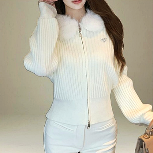 PRADA 퍼 골지 니트긴팔 집업