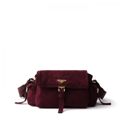 PRADA 익스플로어 미디엄 스웨이드 숄더 백 - 버건디