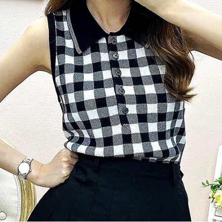 톰브*운 체크 카라 조끼