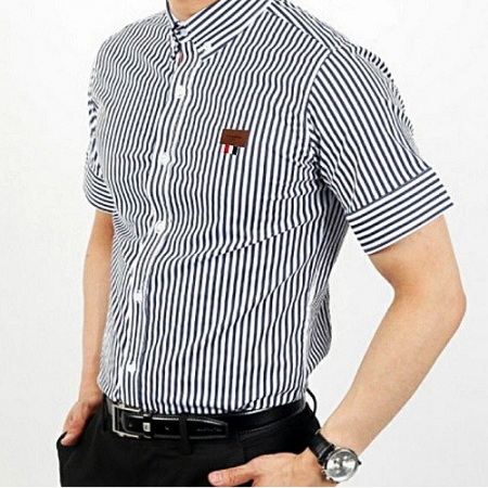 톰브*운 가죽탭 삼선 스트라이프 반팔셔츠