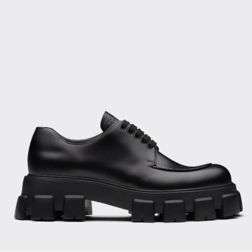 프라다 모놀리스 브러시드 가죽 레이스업 슈즈