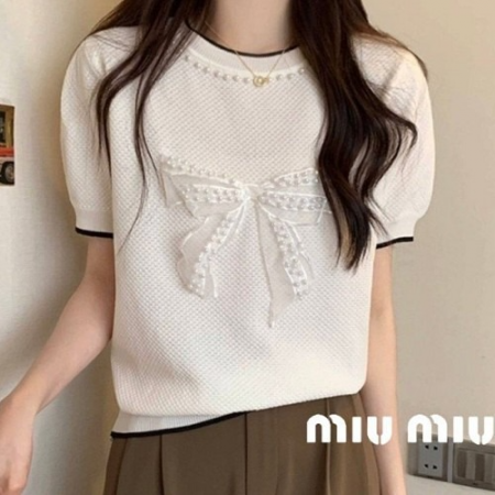 미우*우 진주리본 반팔니트
