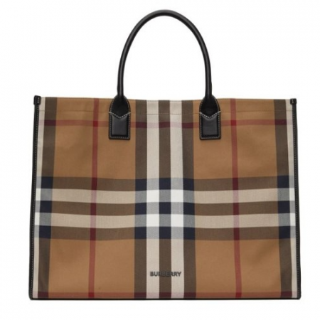 버버리 베이지 체크 데니 토트백