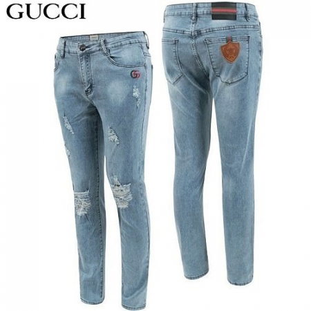 GUCCI Bee 레더패치 데미지 워싱 청바지