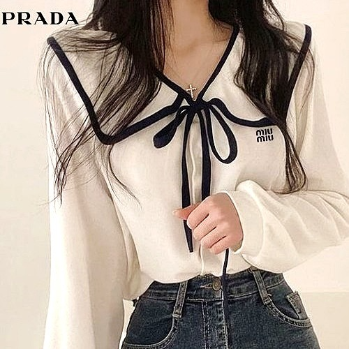 미우 MIUMIU 리본 배색 블라우스