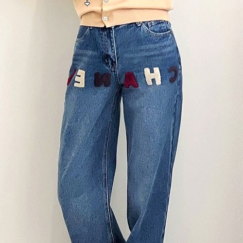 CHANEL 레터링 패치워크 와이드 데님 팬츠