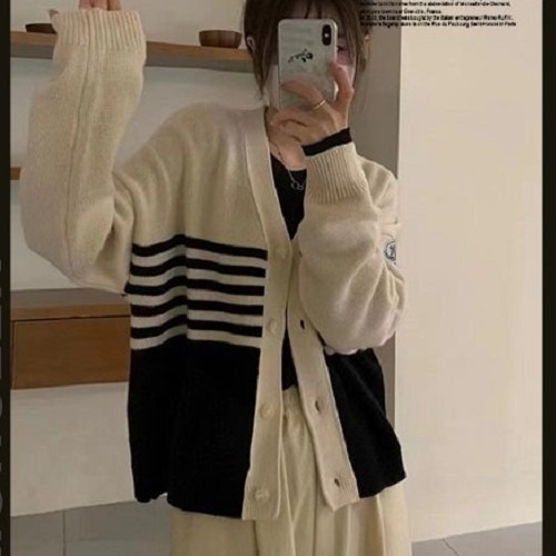 MONCL*R 배색 줄가라 니트 가디건