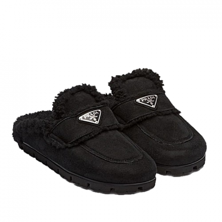 PRADA 양모 시어링 슬리퍼 - 블랙