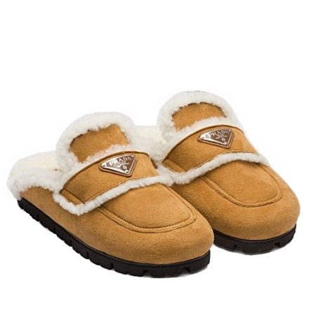 PRADA 양모 시어링 슬리퍼 - 꼬냑브라운