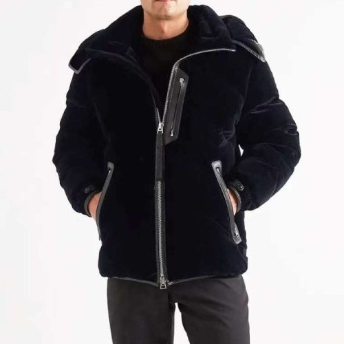 톰*드 레더 트리밍 벨벳 퀼티드 후드 패딩