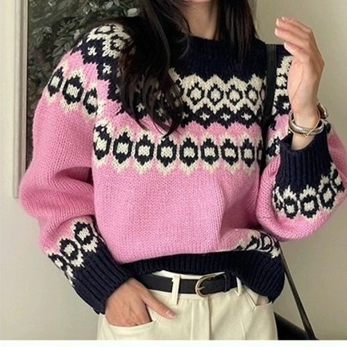 돌체앤가*나 핑크 나바호 문양 라운드 니트 (7169)