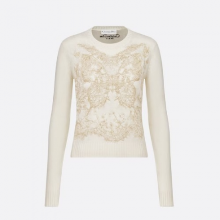 DI*R 자수 스웨터 Butterfly Around the World 모티브 - 골드 톤 & 화이트