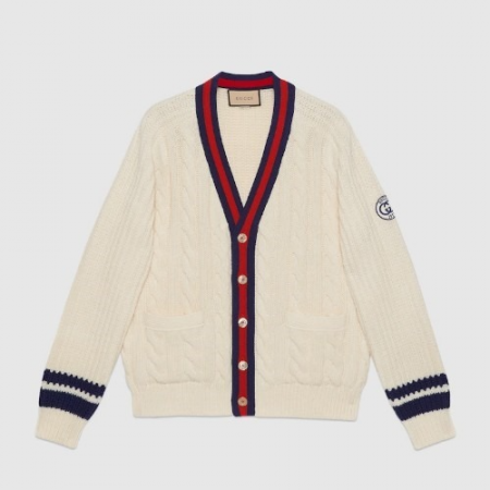 GUC*I 웹(WEB) 케이블 울 니트 가디건 - 아이보리 & 블루 & 레드