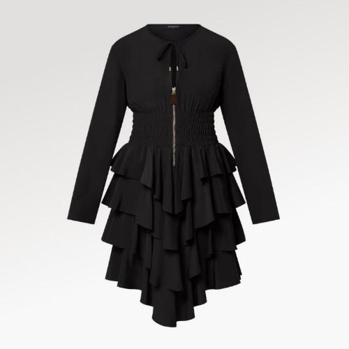 LOUIS VUI*TON 롱 슬리브드 티어드 드레스 - 블랙