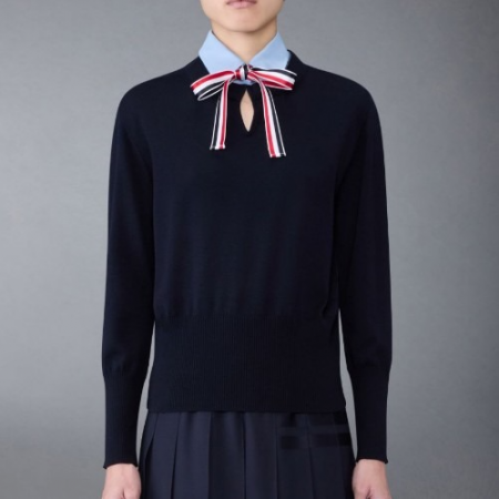 THOM BR*WNE 울 저지 오간자 칼라 리본 타이 콤보 풀오버 셔츠