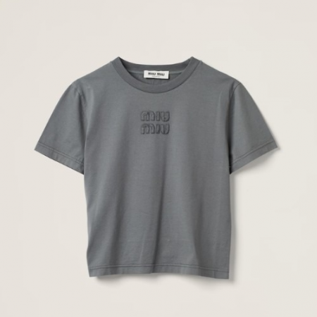 M*U MI* 자수 로고 장식 가먼트 염색 저지 티셔츠 - 아이언 그레이