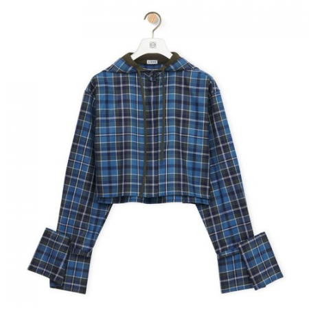 LOEW* 크롭 후드 셔츠 - 블루&그린& 화이트