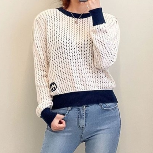 GUC*I  여성 어깨 금장버튼 그물 라운드 니트 티셔츠