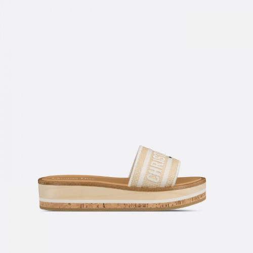 DIOR Dioriviera Dway 플랫폼 뮬 - 내추럴 라피아 & 화이트 자수 코튼