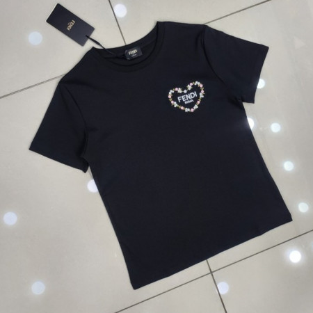 FEN*I   2024S/S 여성 하트플라워 자수 반팔 라운드 커스텀