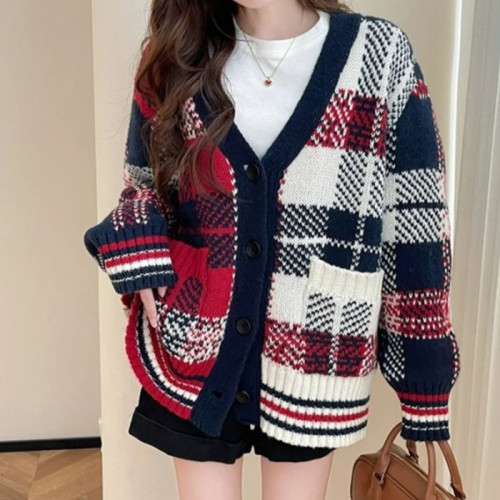 버*리   빅 레드톤 체크 니트 가디건 (1010)