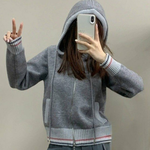 톰브*운  끝삼선 배색 후드 집업 니트