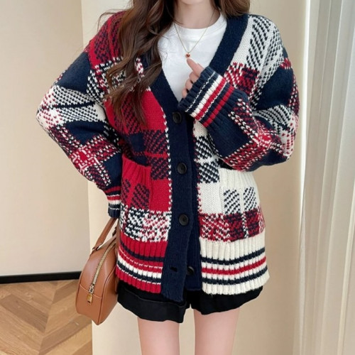 톰브*운   T빅 레드톤 체크 니트가디건 (1010)