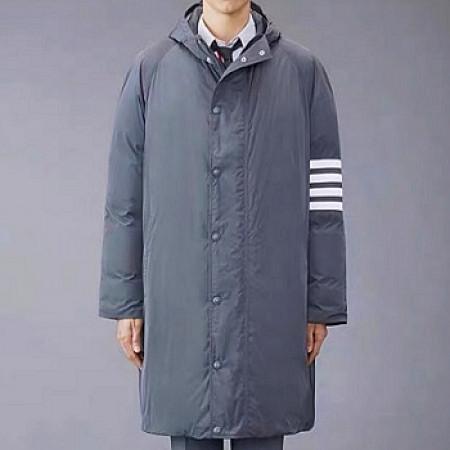 THOM BROWNE 사선완장 후드 파카 롱패딩 - 그레이